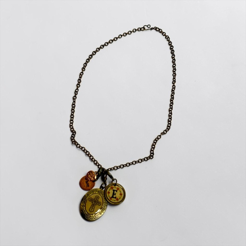 Charm Necklace Women 18" Bronze Tone‎ Religious Cross Initial E Boho